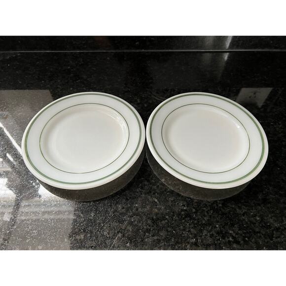 Pyrex Double Tough 6.75" Bread Dessert Plates Double Green Stripe (2) Vtg READ - Picture 1 of 8